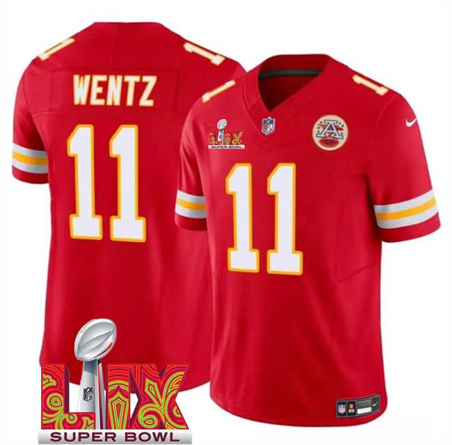 Men & Women & Youth Kansas City Chiefs #11 Carson Wentz Red 2025 Super Bowl LIX Patch F.U.S.E. Vapor Limited Stitched Jersey